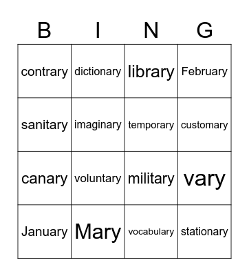 Suffix -ary Bingo Card