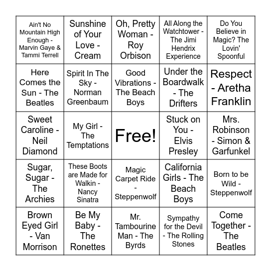 60's Hits Bingo Card