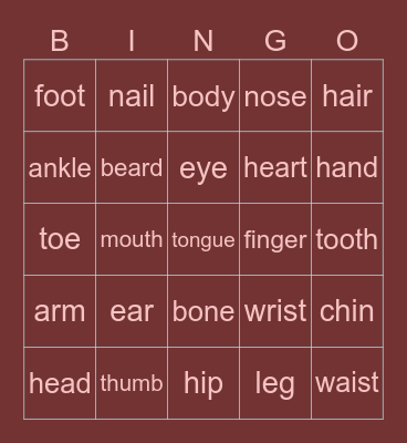 Body Parts 0712 Bingo Card
