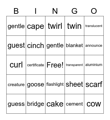 Summer Vocabulary 1 Bingo Card