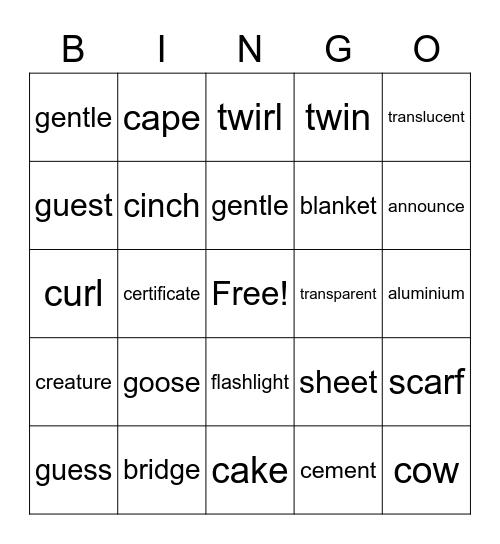 Summer Vocabulary 1 Bingo Card