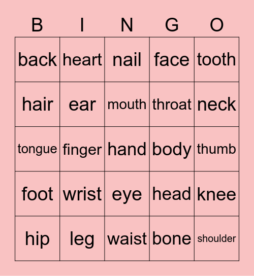 Body Parts Bingo Card