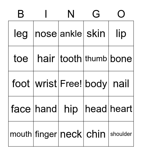 Body Parts Bingo Card