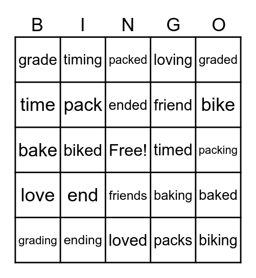 Word Parts: Tendes and Endings Bingo Card