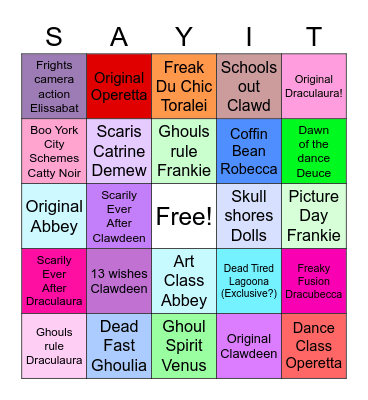 Monster High Dolls Bingo ! Bingo Card