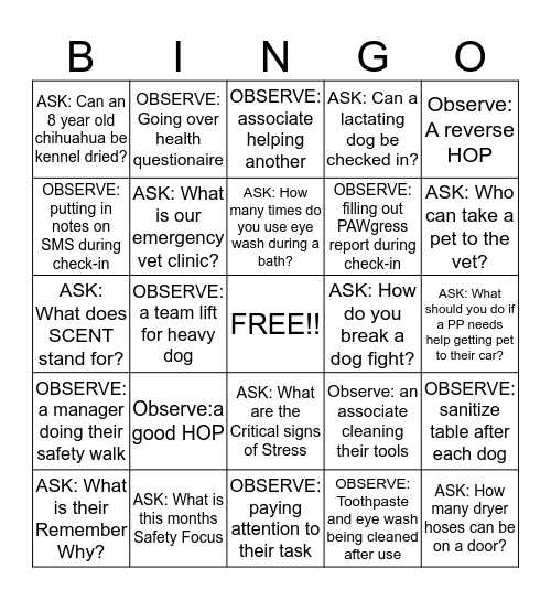 Salon Safety Bingo Card