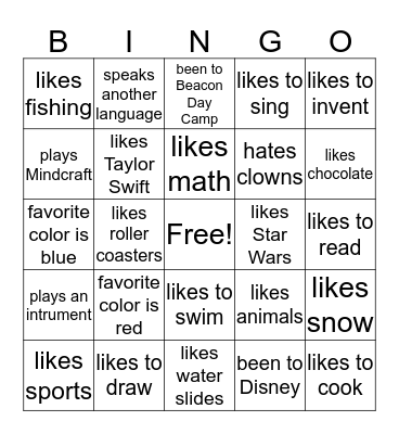 Getting to know you Bingo Card