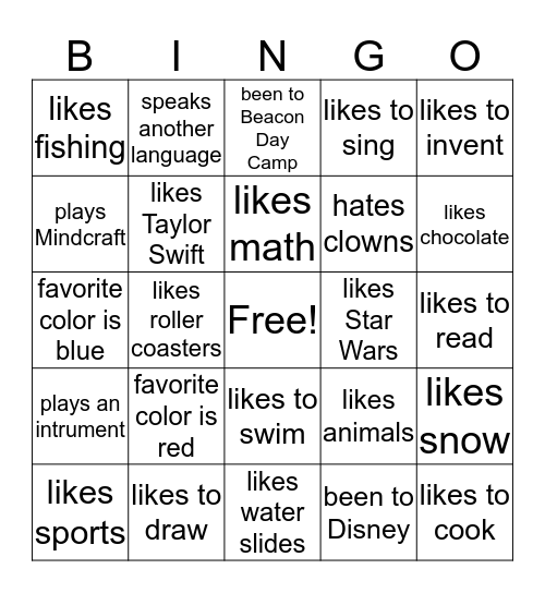 Getting to know you Bingo Card