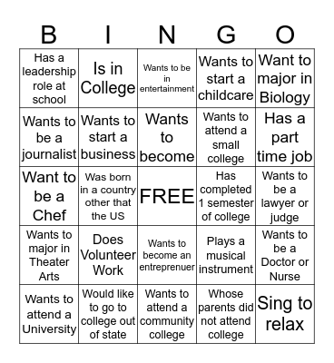 College Bound Bingo Card