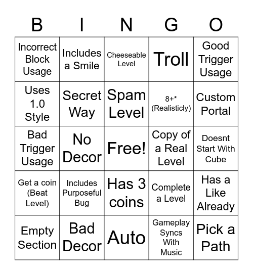 GD Recent Levels Bingo Card