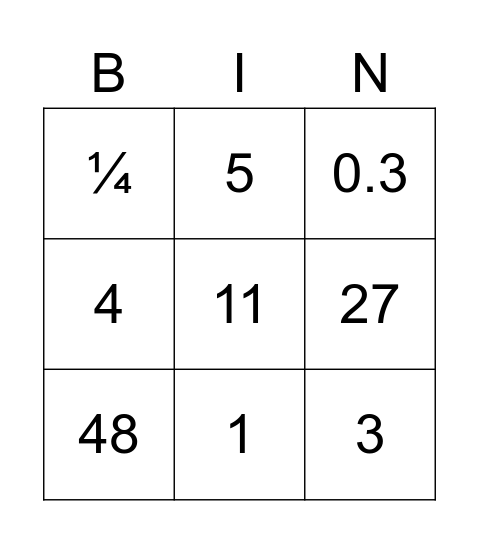 בינגו חשבון Bingo Card