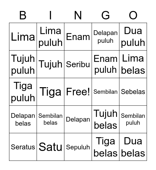 Indonesian Numbers Bingo Card