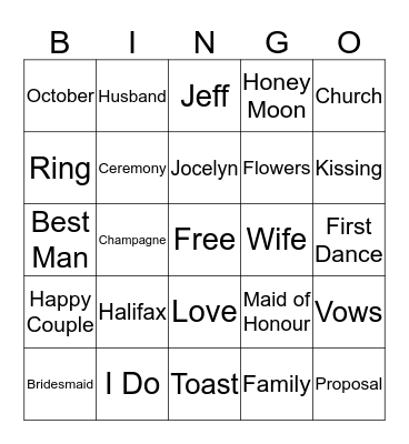 Bridal Bingo Card