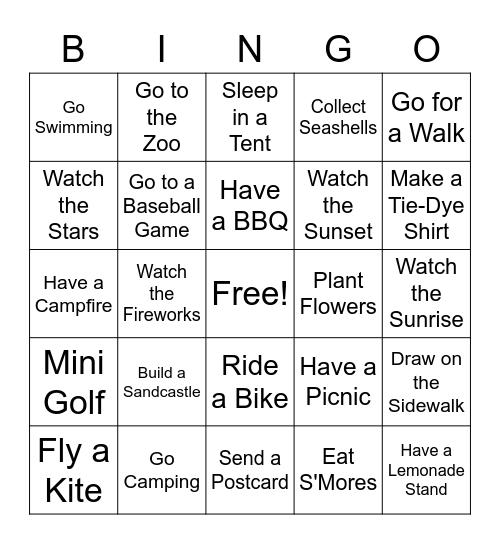 Summer Fun Bingo Card