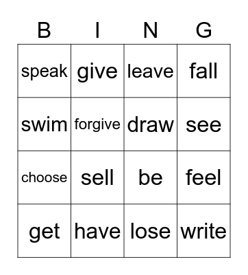 Irregular Verbs Bingo Card