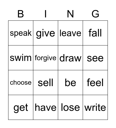 Irregular Verbs Bingo Card