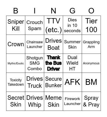 Fortnite Spectator Bingo Card