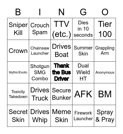 Fortnite Spectator Bingo Card