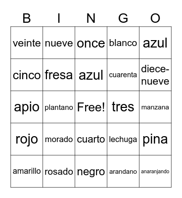 SPANISH BINGO Card