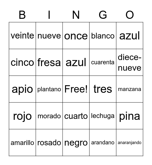 SPANISH BINGO Card