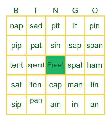 Jolly Phonics Bingo Group 1 and 2 words Bingo Card