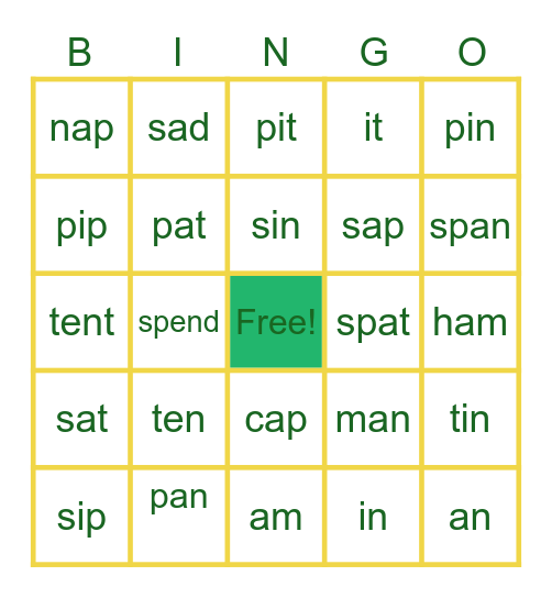 Jolly Phonics Group 1 and 2 words Bingo Card