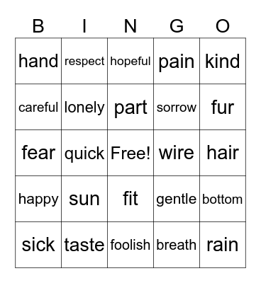 -y  -ly  -ful  -less  -ness Bingo Card