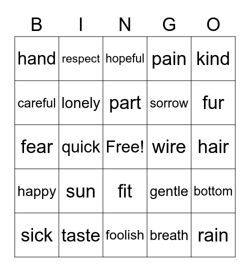 -y  -ly  -ful  -less  -ness Bingo Card