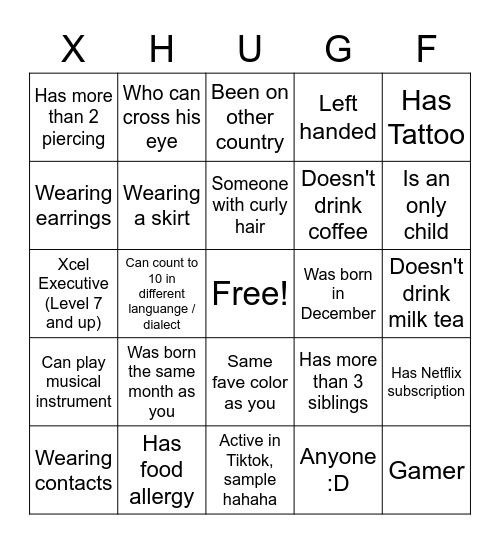 Hobbies United Human Bingo Card