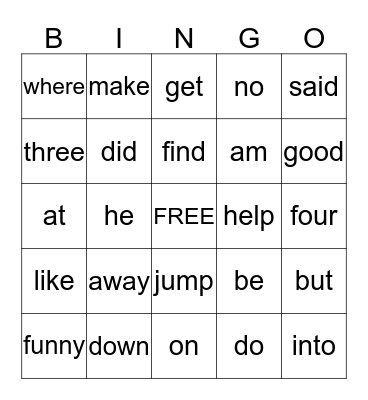 Sept. 28th Dolch Words Bingo Card