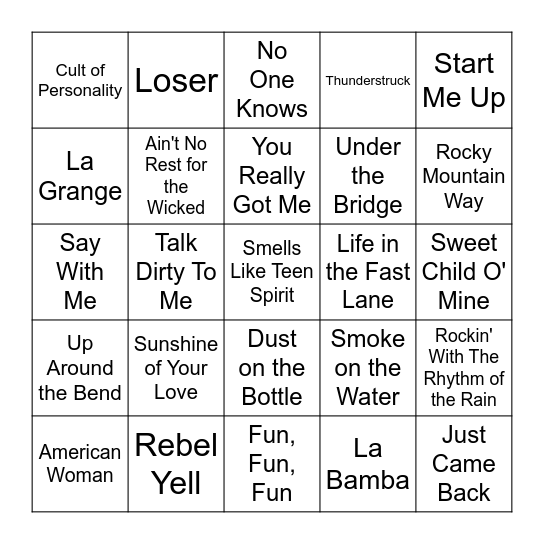 Guitar Gods Bingo Card