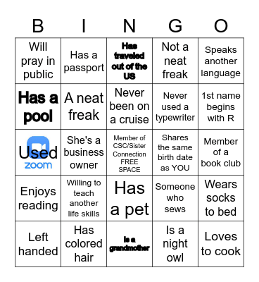 CSC Sister Connection Bingo Card