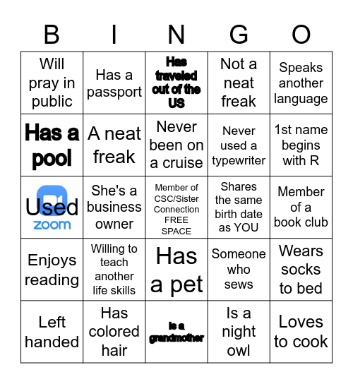 CSC Sister Connection Bingo Card