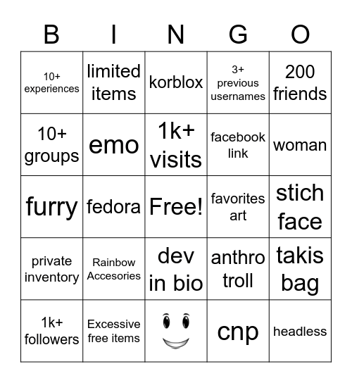 Roblox Profile Bingo Card