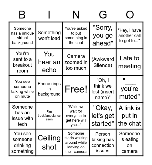 Sky Zoom Meeting BINGO Card