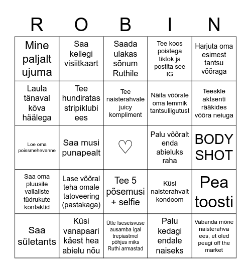 Robini poismeesteõhtu Bingo Card