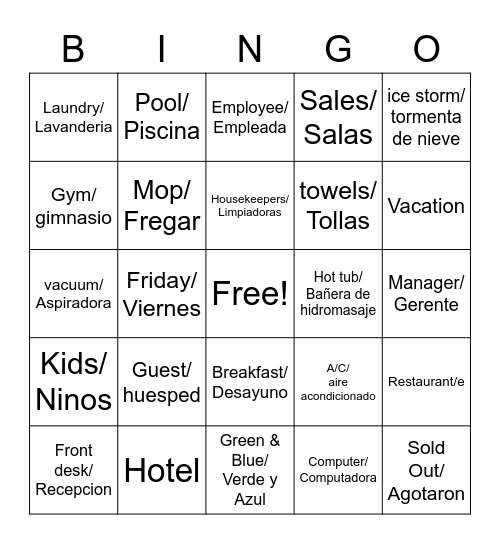 HIE Hotel Bingo Card