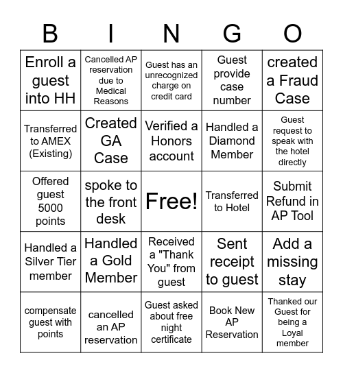 Guest Assistance Bingo Card