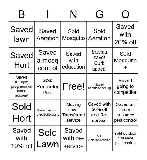 Saves/Sales Bingo Card
