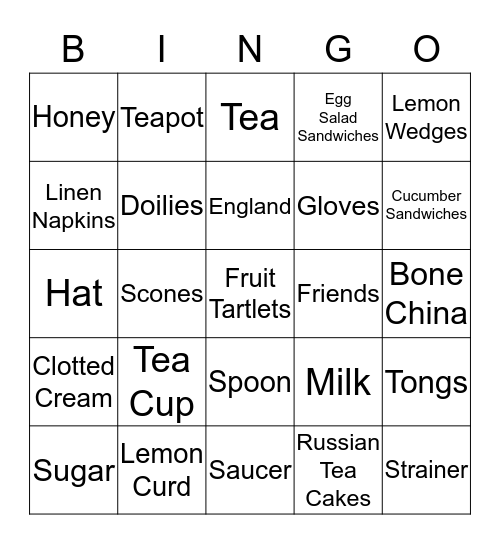 Afternoon Tea Bingo Card
