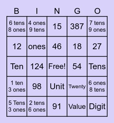 Place value Bingo Card