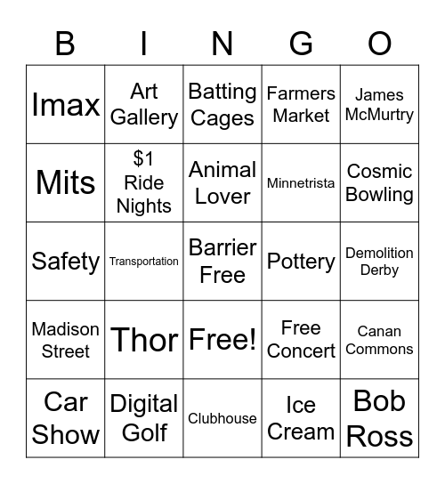 ACTIVITIES Bingo Card