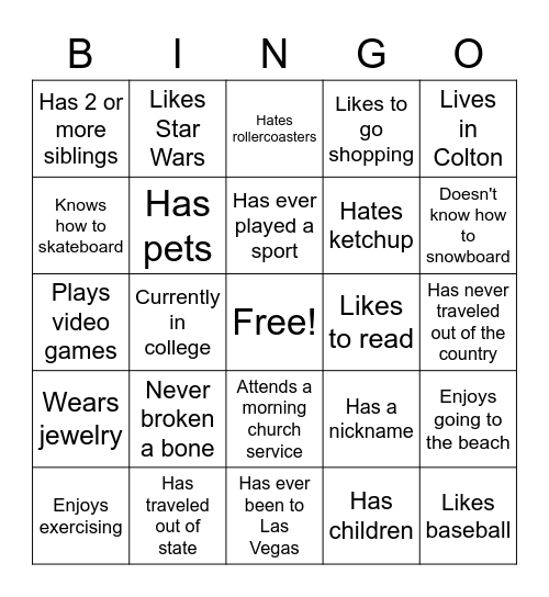 Meet the Young Adults Bingo Card