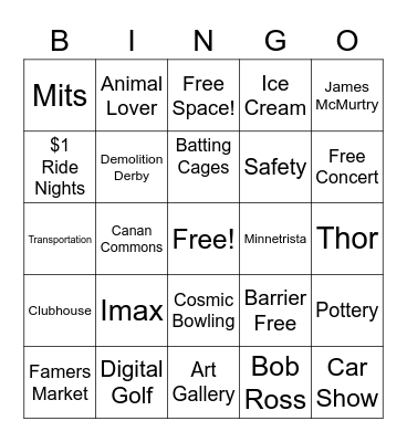 Activities Bingo Card