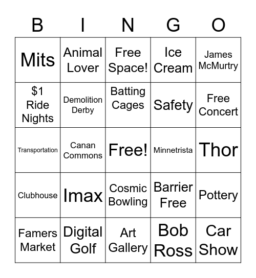 Activities Bingo Card