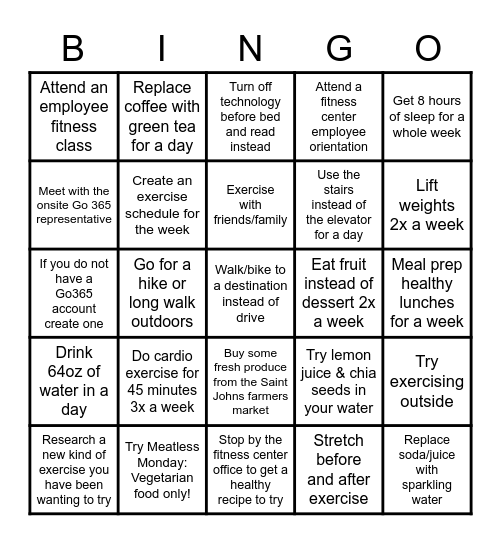 Healthy Body Challenge Bingo Card