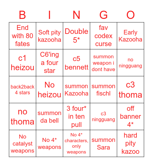 Kazuha homecoming Bingo Card