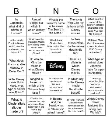 DISNEY TRIVIA BINGO Card