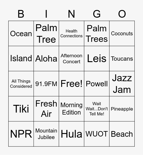 WUOT Luau BINGO! Bingo Card