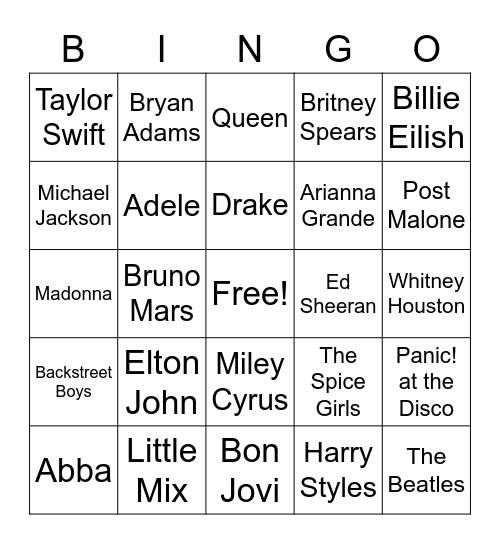 10T - Musical Bingo Card